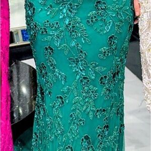 Embroidered Teal Evening Gown